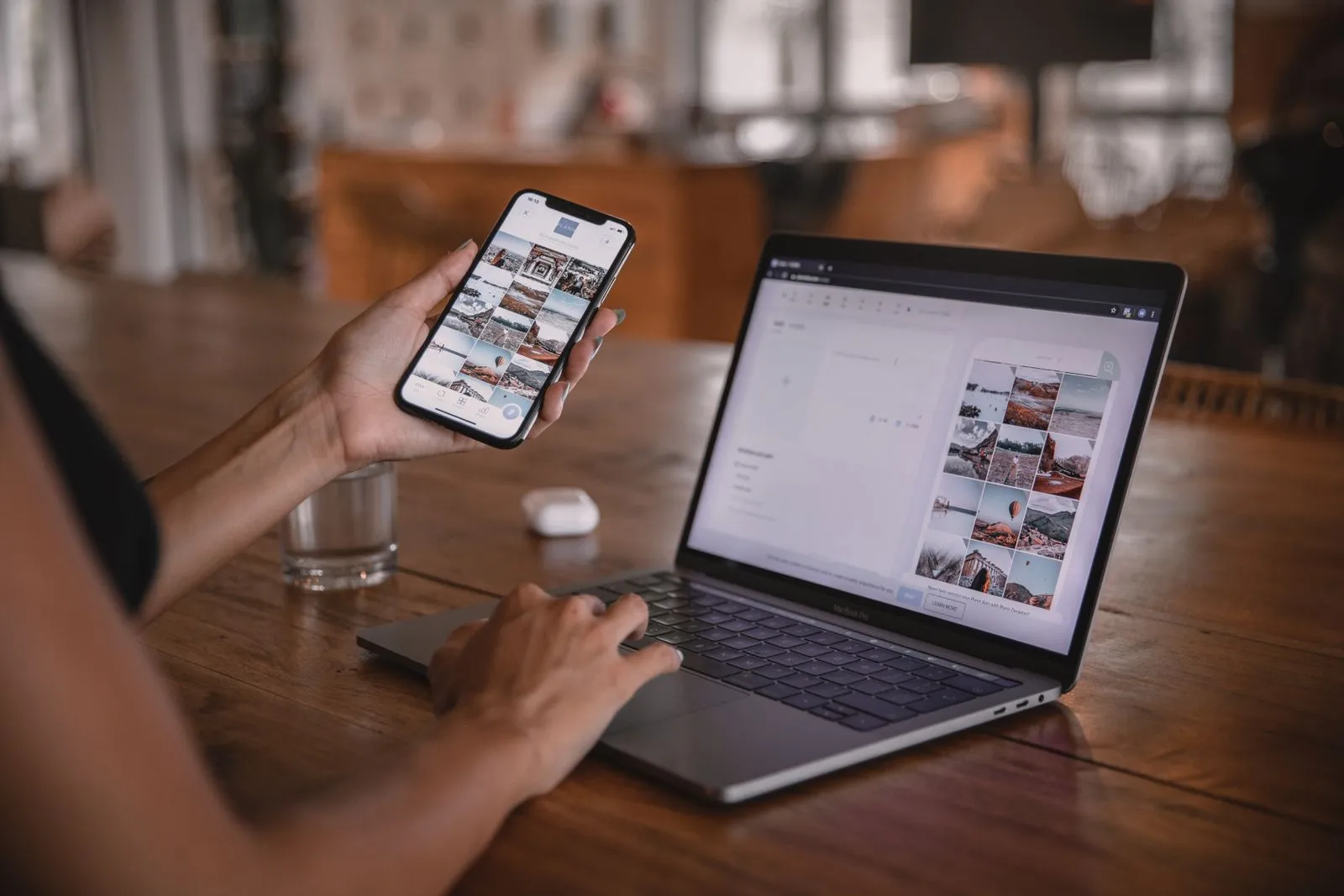 Social media photos on a phone and a laptop, content in progress