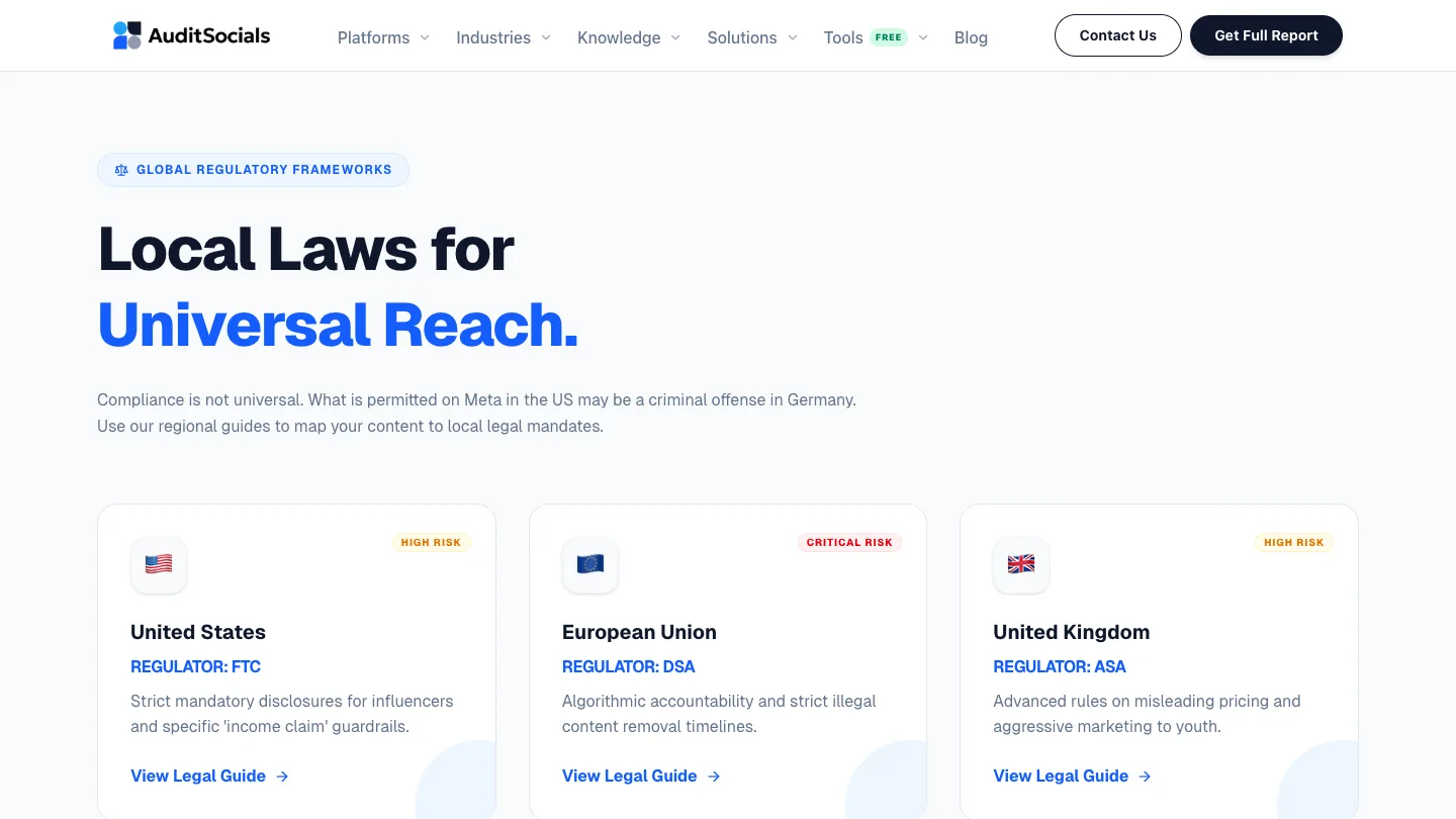 AuditSocials regional laws page covering advertising regulations across 50+ jurisdictions worldwide