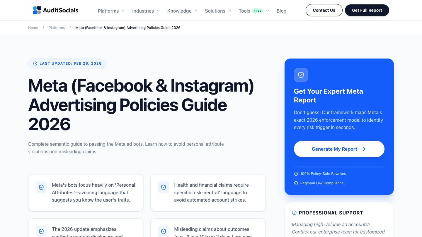 AuditSocials Meta ad policies platform page with comprehensive compliance guidelines