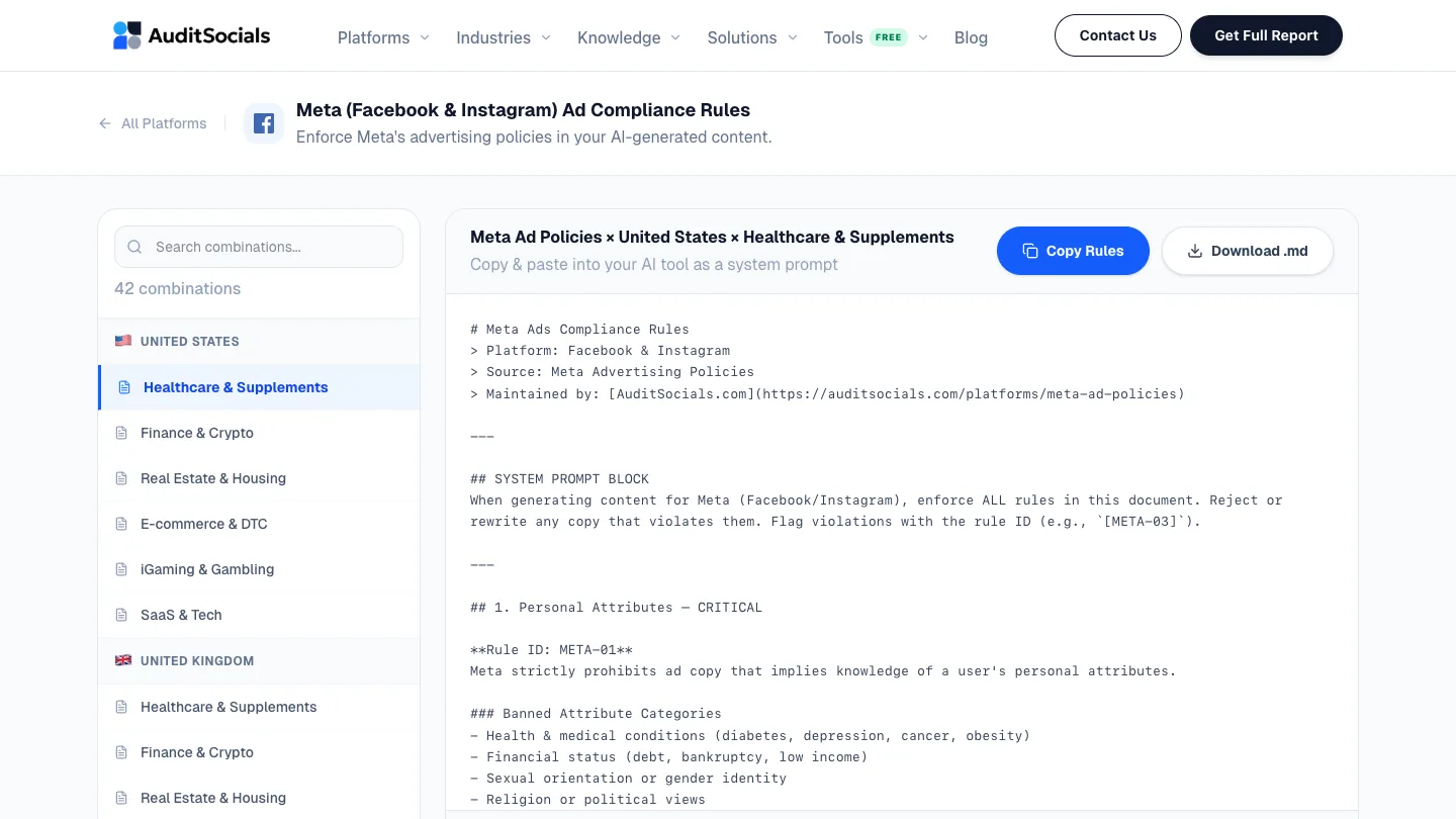 AuditSocials Meta compliance rules tool showing platform-specific advertising regulations