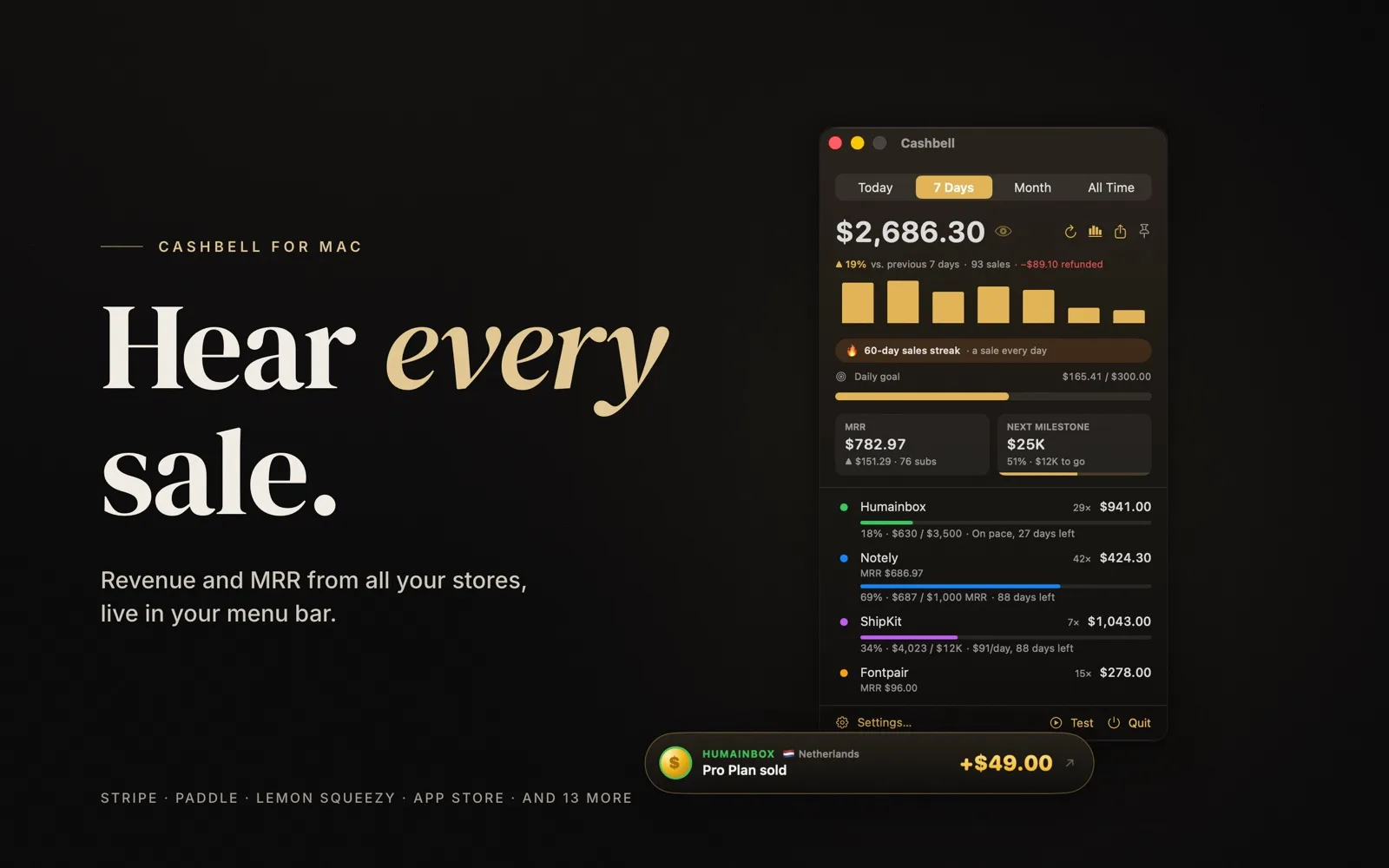 Cashbell: a Mac menu bar app that rings on every sale