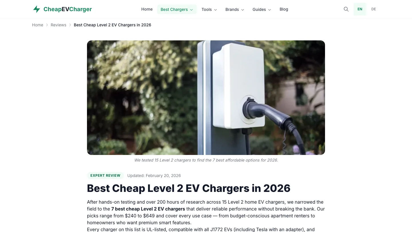 CheapEVCharger best Level 2 EV chargers comparison page with detailed reviews