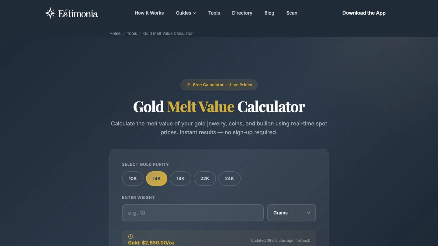 Estimonia gold melt value calculator interactive tool