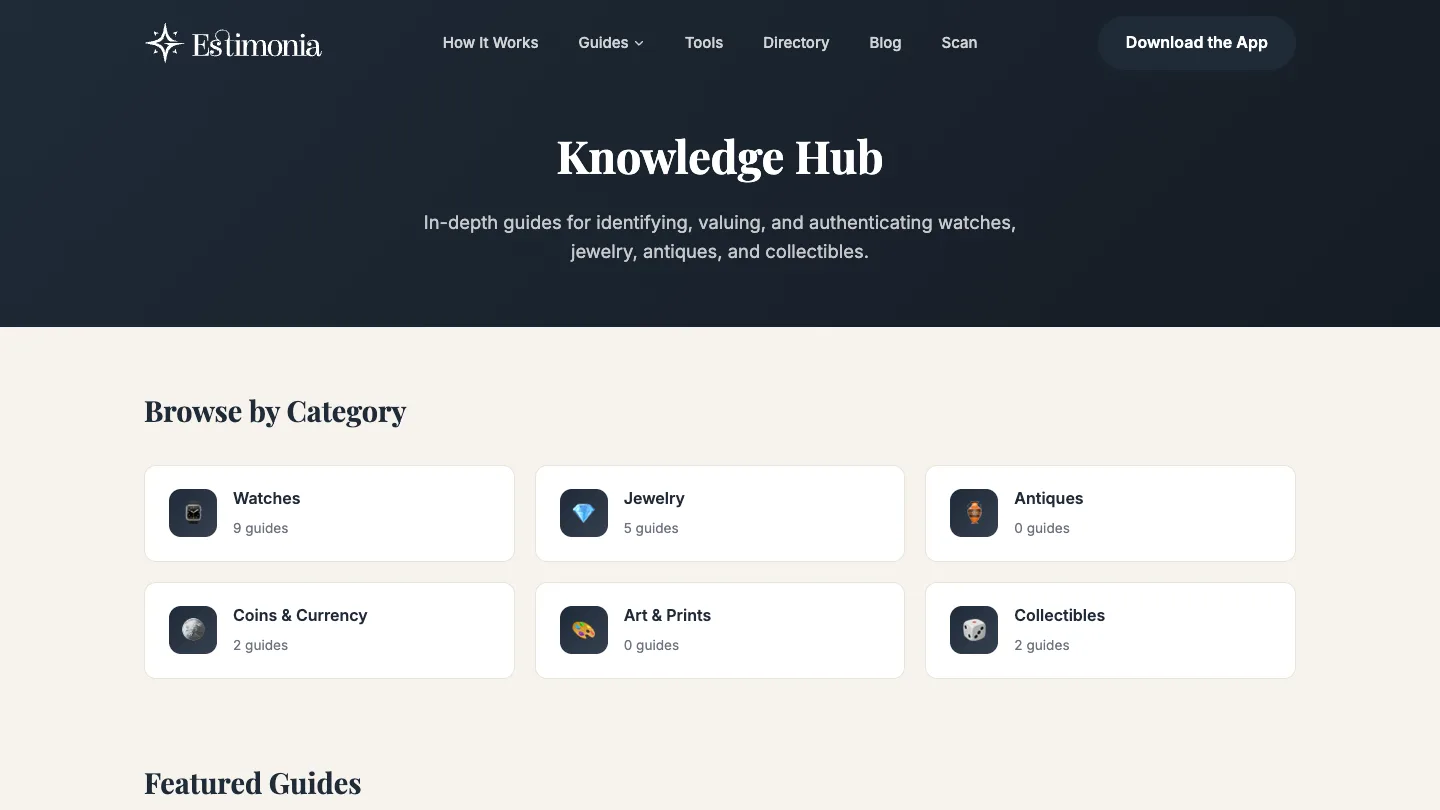 Estimonia Knowledge Hub with 25+ ranking guides on antique valuation topics