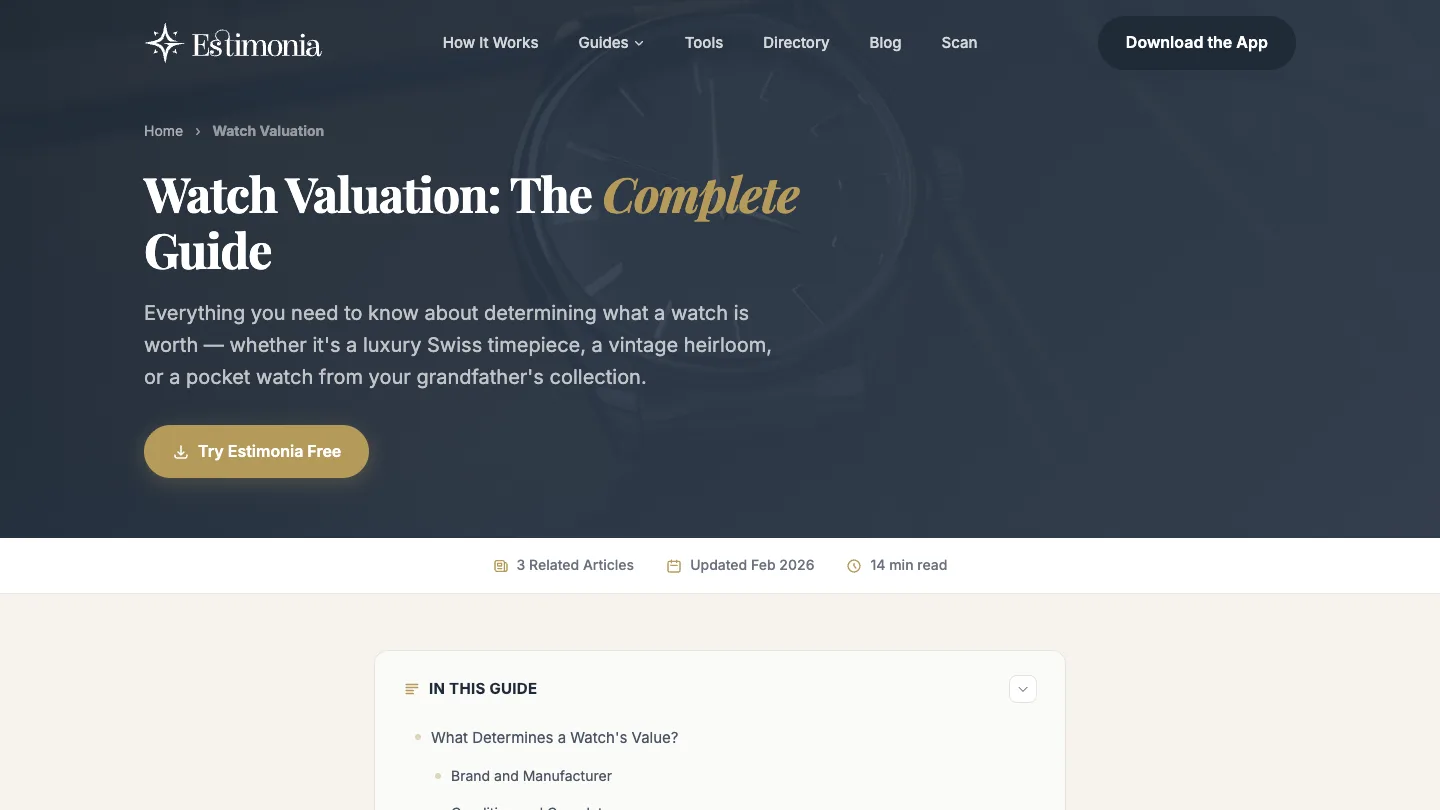 Estimonia watch valuation guide page ranking on first page for target keywords