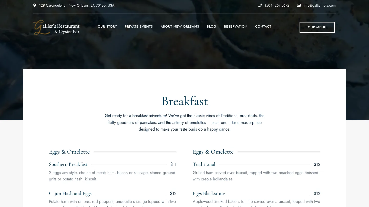 Gallier Restaurant redesigned menu page with crawlable HTML and appetizing food photography