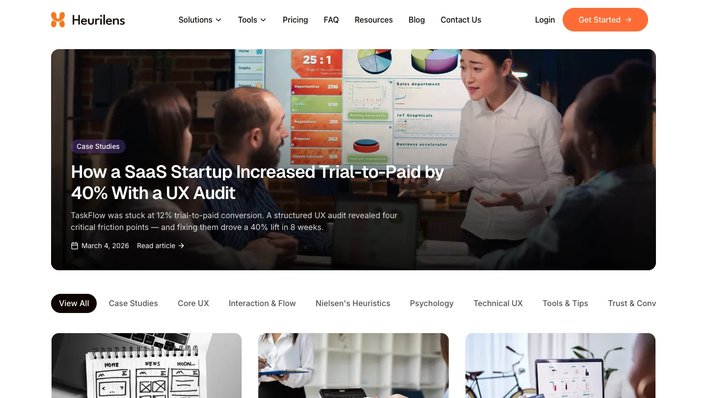 Heurilens blog with UX analysis articles and educational content on heuristic evaluation