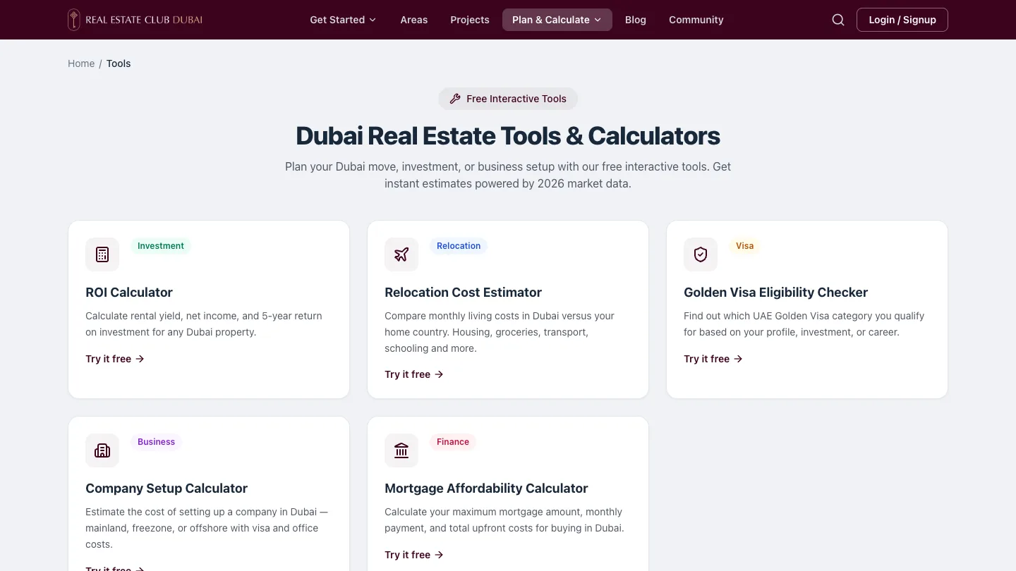 Real Estate Club Dubai interactive tools including ROI calculator and mortgage calculator