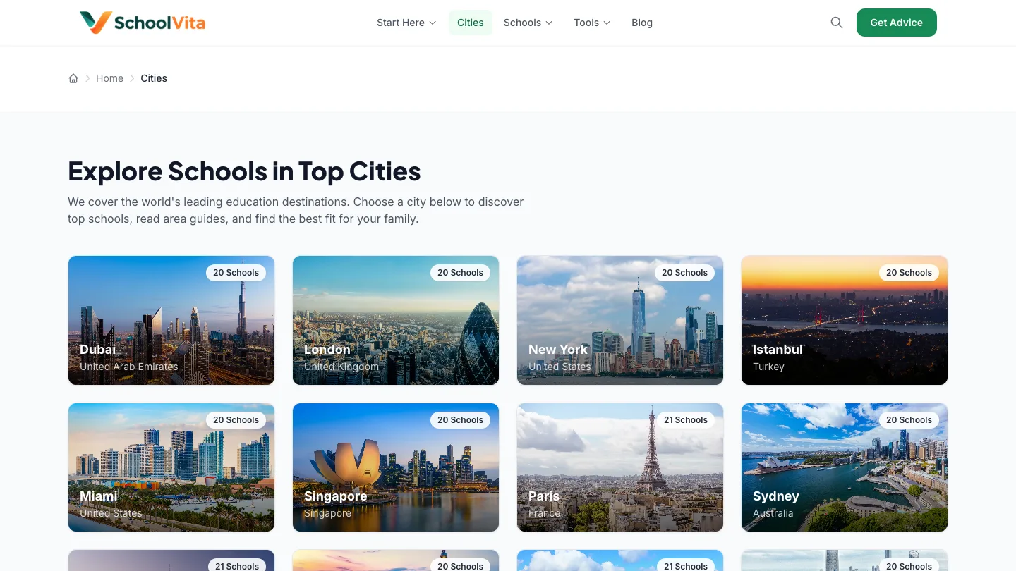 SchoolVita cities directory showing 16 major cities with school counts and data