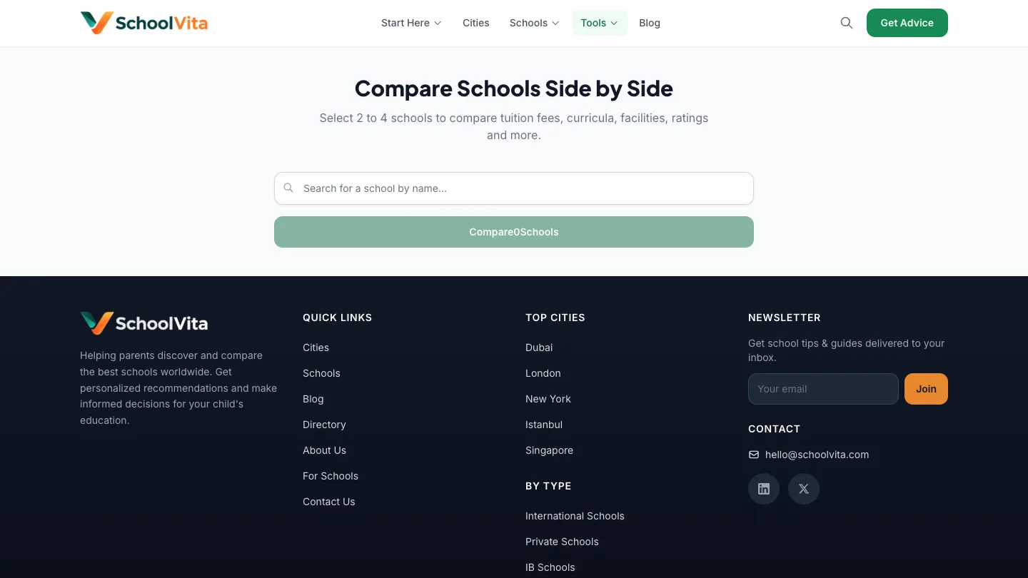 SchoolVita school comparison tool showing side-by-side school data