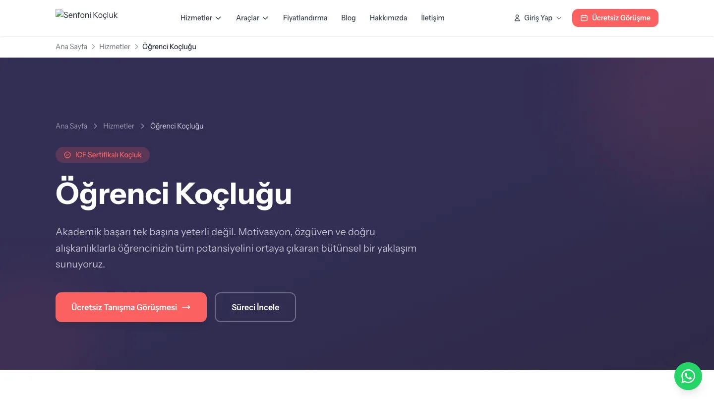 Senfoni Kocluk student coaching service page with ICF accreditation and program details