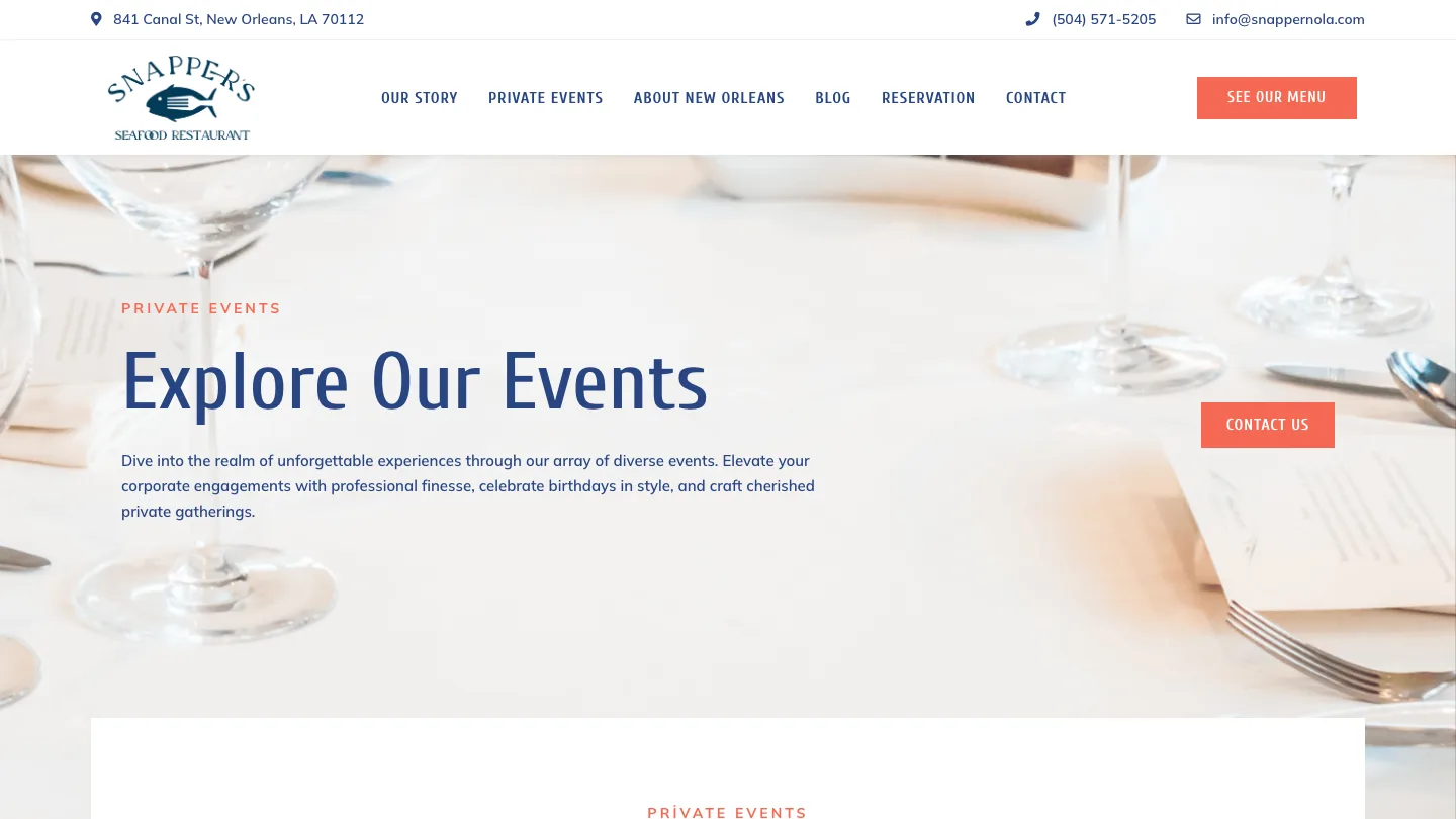 Snapper Seafood private events and catering page for French Quarter venue