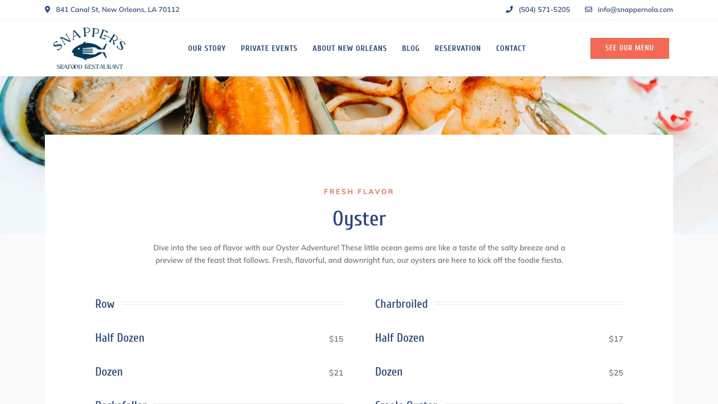 Snapper Seafood Restaurant redesigned menu page with crawlable text and appetizing food photography