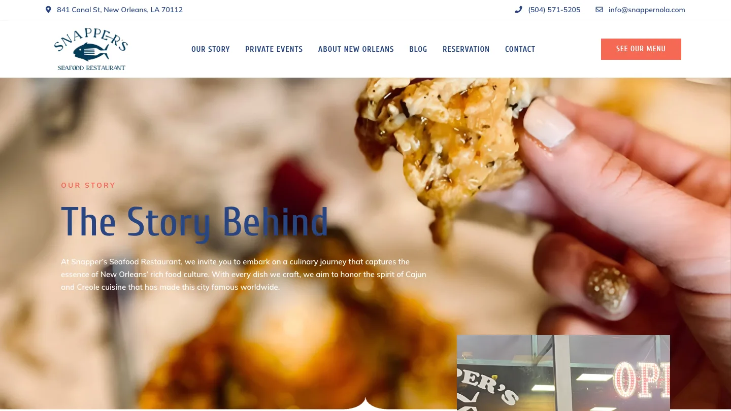Snapper Seafood Our Story page showcasing 20+ years of New Orleans culinary heritage