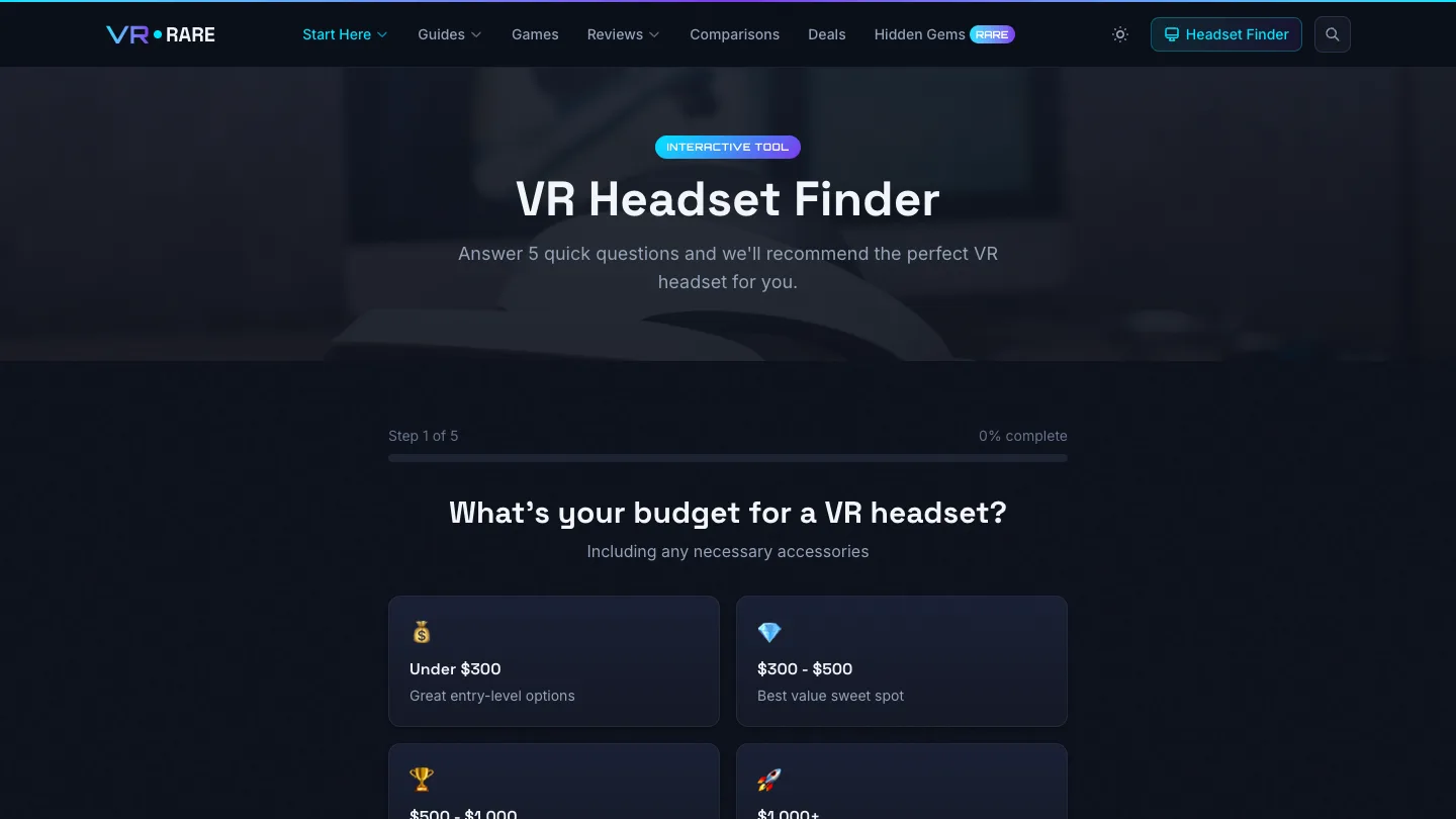 VRRare interactive headset finder quiz tool helping users choose the right VR headset