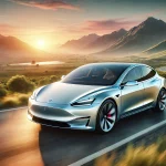 DALL·E 2025 01 06 23.13.01 A futuristic and sleek Tesla car on a scenic road surrounded by mountains and a vibrant sunset. The car is shown from a dynamic angle emphasizing it